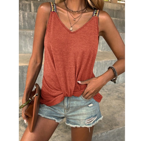 Orange Tank Top Knotted Hem Detail Embroidered Shoulder Straps V-Neck - Picture 1 of 8